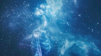 A glowing skeleton silhouette against a dark blue background with white nebulae and sparkling stars.