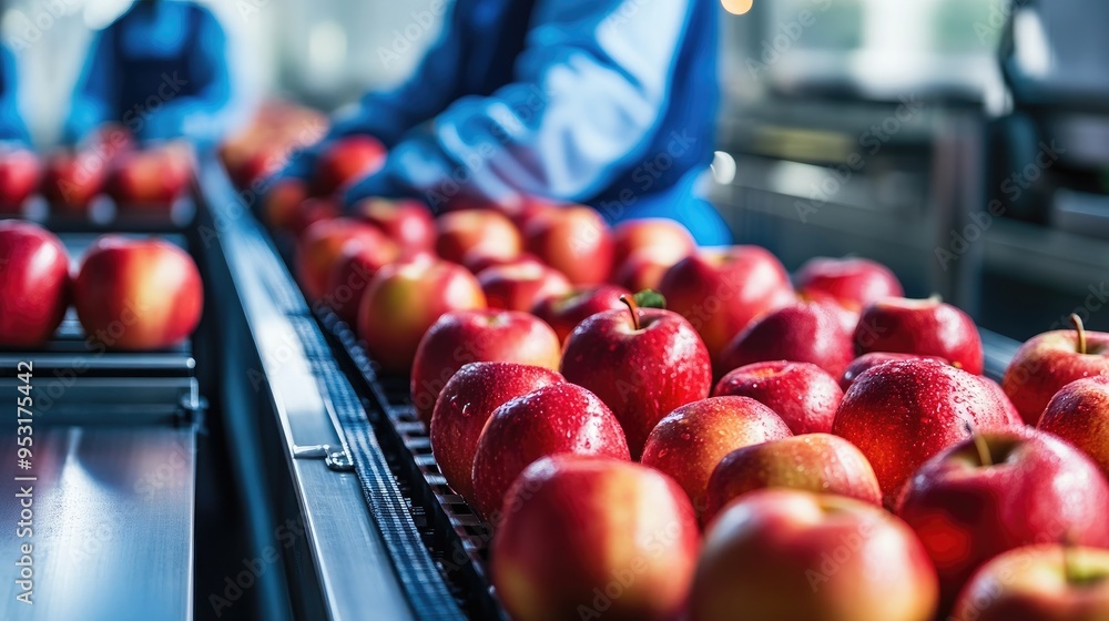 Poster a food technologist oversees the automated apple selection process in a high-tech factory, focusing 