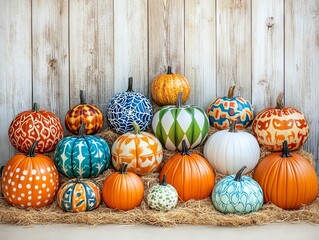 An arrangement of painted pumpkins with various intricate designs against a wooden background, perfect for autumn decor ideas.