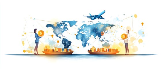 Global business network concept featuring people, world map, shipping containers, and airplanes representing international trade and logistics.