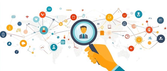 Illustration of a hand holding magnifying glass over a network of icons representing business, communication, and technology connections.