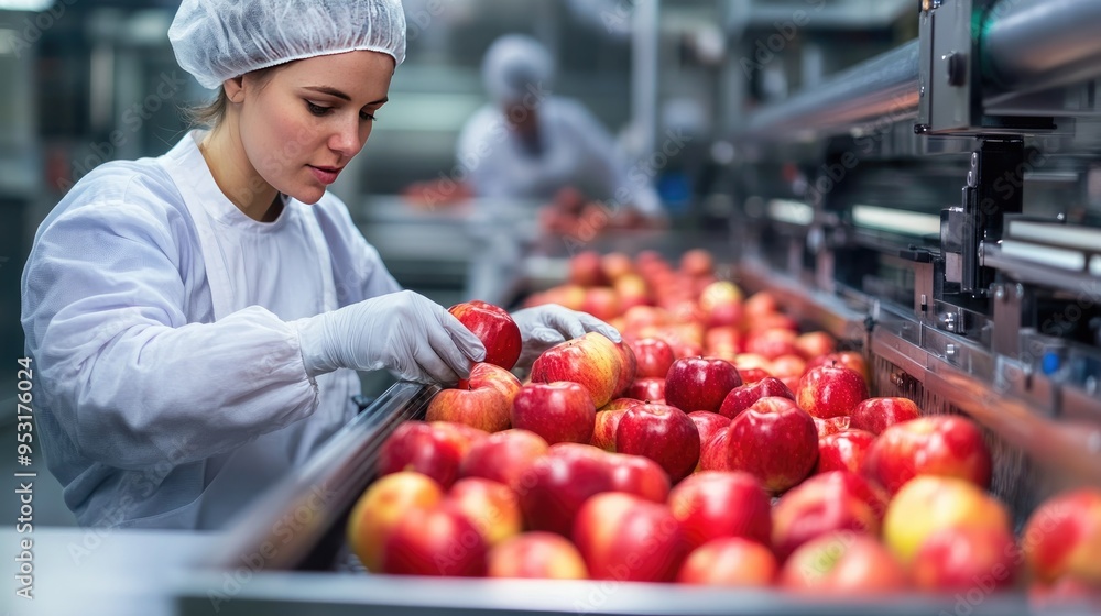 Poster a food technologist oversees the automated apple selection process in a high-tech factory, focusing 