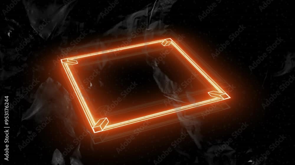 Poster glowing neon rectangle animation over dark background with abstract shapes