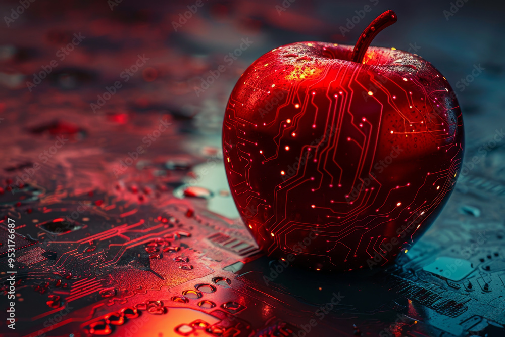 Poster a red apple with a circuit board on top of it