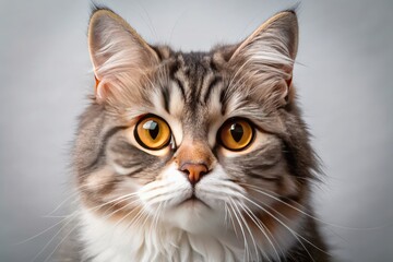 Fototapeta premium Fluffy, whiskered face of a curious American Wirehair cat with a distinctive rough-coated fur, peering out with bright, inquisitive eyes and twitching ear tips.
