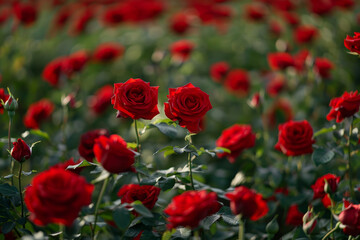 A field of red roses with a bright sun shining on them