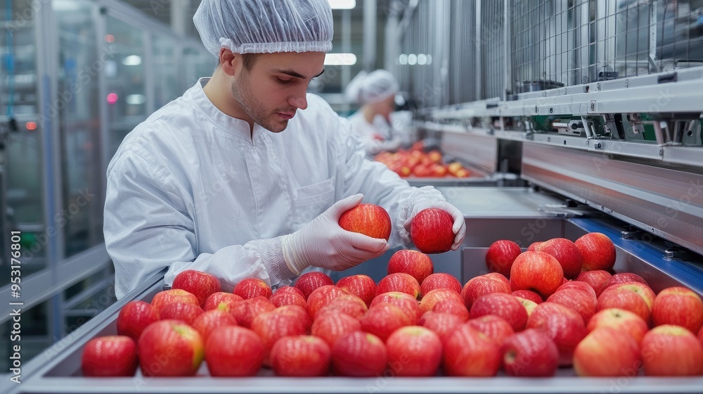 Poster a food technologist oversees the automated apple selection process in a high-tech factory, focusing 