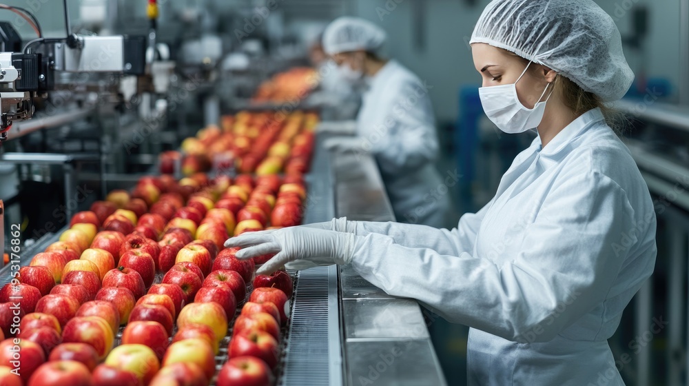 Poster a food technologist oversees the automated apple selection process in a high-tech factory, focusing 