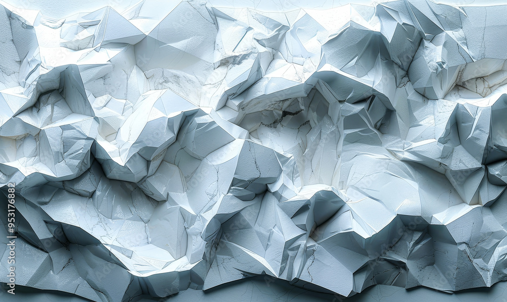 Poster abstract white polygon textured surface with geometric shapes and 3d mountain-like terrain for moder