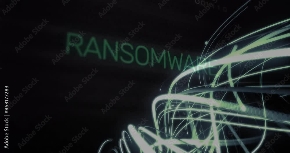 Poster ransomware text and digital lines animation over dark background