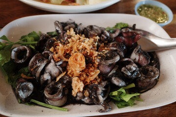 A close-up shot of a delectable dish featuring stir-fried squid cooked in its own black ink. 