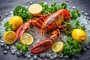 Freshly caught, succulent lobster lies on a bed of ice, claws tied, surrounded by lemons and parsley, waiting to be devoured at a seaside restaurant.