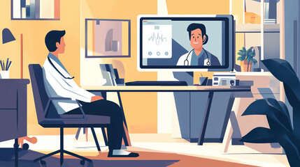 A digital illustration of a virtual healthcare consultation, a doctor on a computer screen, a patient at home, both interacting via video call. 