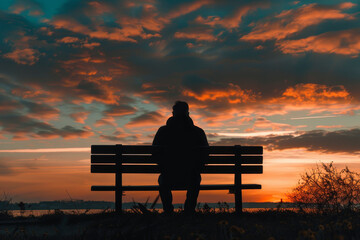 Obraz premium A man sits on a bench overlooking a body of water