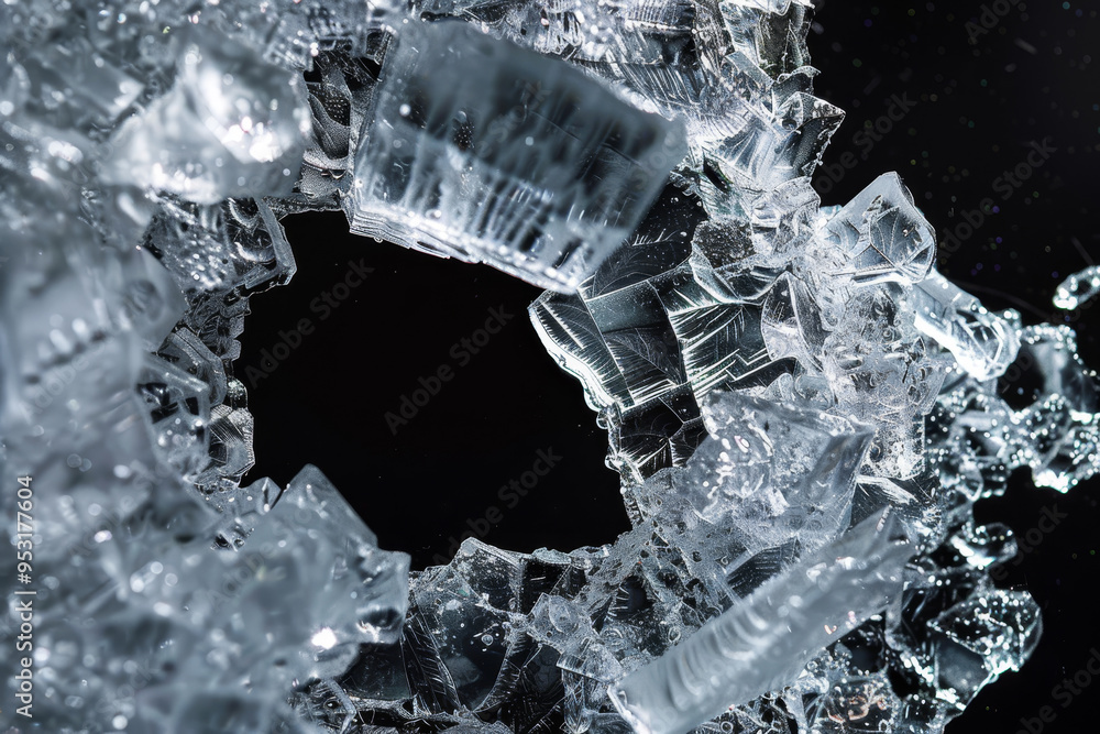 Poster a close up of a broken piece of ice with a hole in the middle