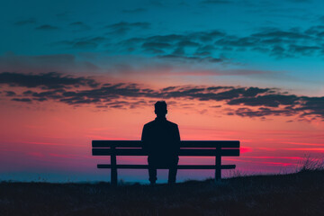 A man sits on a bench in a field at sunset