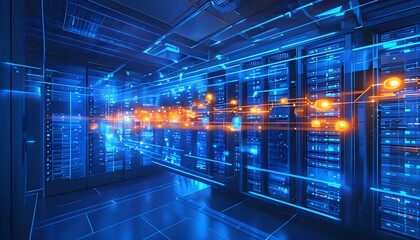 Information traveling through the data center storage in blue and orange colors. Cloud computer system internet infrastructure room, cybersecurity, telecommunication cluster, rack hardware technology