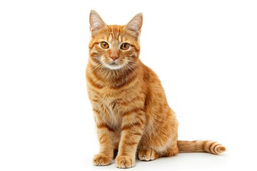 Fototapeta premium A close-up shot of an orange cat sitting on a white surface, looking straight into the camera