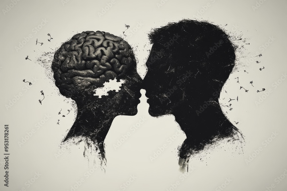 Poster romantic digital portrait of a couple with glowing brains symbolizing the deep intellectual and emot