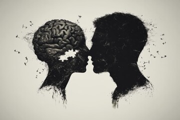 Romantic digital portrait of a couple with glowing brains symbolizing the deep intellectual and emotional connection between them in a soft dreamy setting