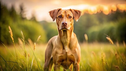Handsome Dog With Short, Light Brown Coat And Piercing Amber Eyes Stands Alert In A Grassy Field.