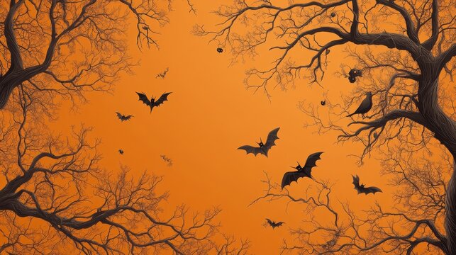Halloween Bats Flying in Orange Sky Branch Tree  Silhouette