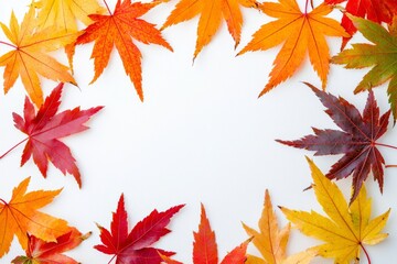 Fototapeta premium Autumn Maple Leaves Flat Lay White Background created with Generative AI