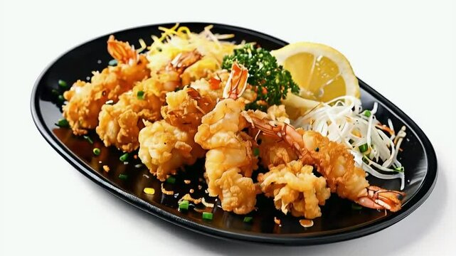 A plate of tempura, the crispy, golden-brown battered shrimp and vegetables, garnished with grated daikon and a lemon wedge, isolated on white background