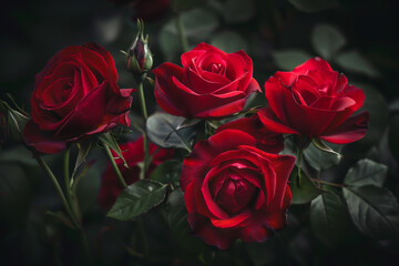Obraz premium A close up of four red roses in a dark background