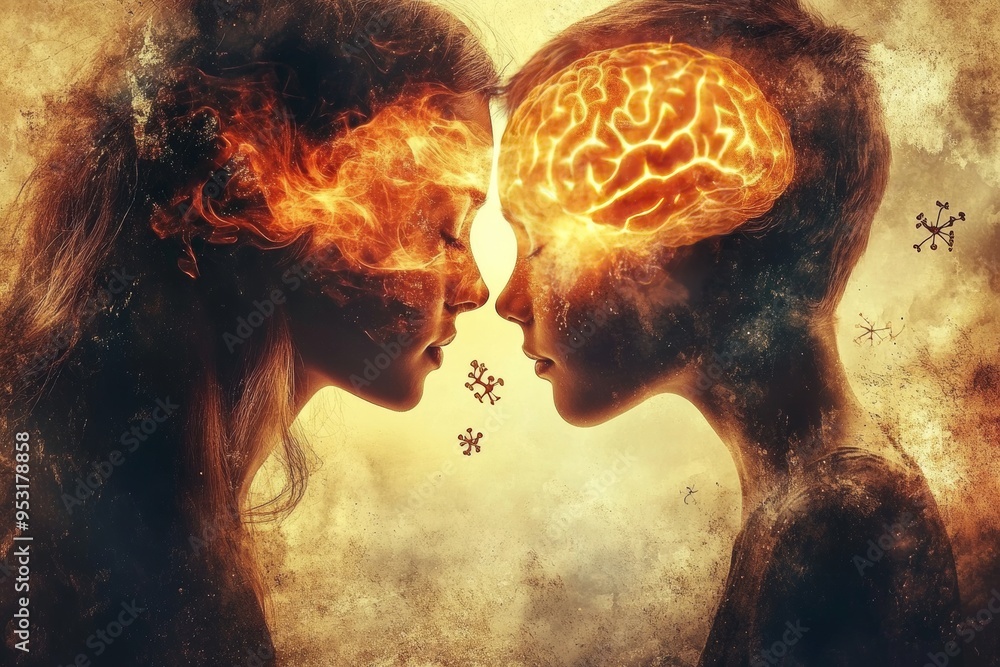Aufkleber romantic digital artwork of a couple with fiery glowing brains symbolizing intense intellectual and 