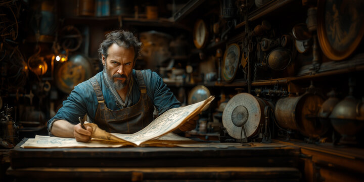 master in the workshop, cinematic steampunk style, mockup