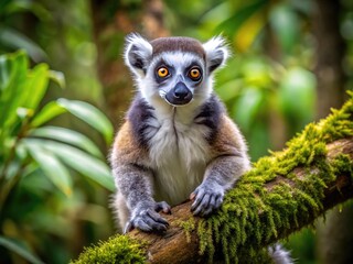 Long-fingered, bushy-tailed lemur with striking white and black fur, large round eyes, and thin, pointed snout, perched on a moss-covered tree branch in Madagascar's rainforest.