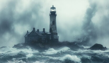 A mysterious haunted lighthouse in a stormy ocean, perfect for Halloween themed designs and events, with copy space.