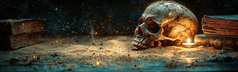 A captivating Halloween still-life featuring a skull, old books, and a candlelit atmosphere, perfect for Halloween-themed designs or events with copy space.