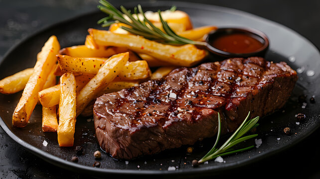 Beef Steak medium rare with French fries on a black plate. Dark background.