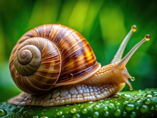 Macro view of a slimy brown snail's shell and antennae, showcasing intricate patterns and textures in high contrast against a soft, blurred green background.