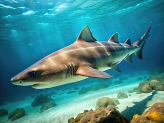 Magnificent grey-brown Port Jackson Shark swims horizontally through clear blue Australian waters, its distinctive nose and cylindrical body showcasing its unique, prehistoric appearance.