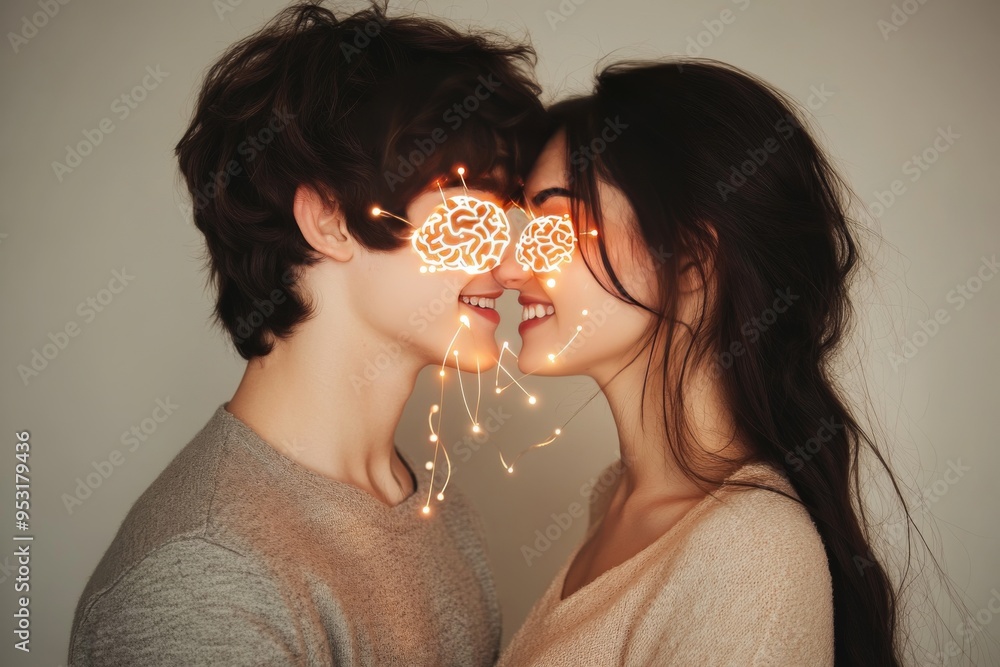 Poster romantic couple with glowing brains symbolizing their deep intellectual and emotional connection in 