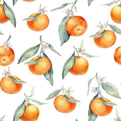 Seamless Pattern with Orange Fruit Branches, green leaves and white flower. Hand drawn watercolor illustration of citrus food for textile design. Print with tangerine on white isolated background.
