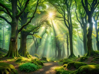 Fototapeta premium Majestic ancient forest scene with towering trees, dappled sunlight filtering through lush green canopies, and misty atmosphere evoking a sense of serenity and tranquility.