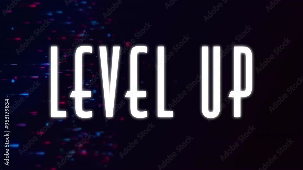 Poster level up text animation over blue and red digital particles on dark background