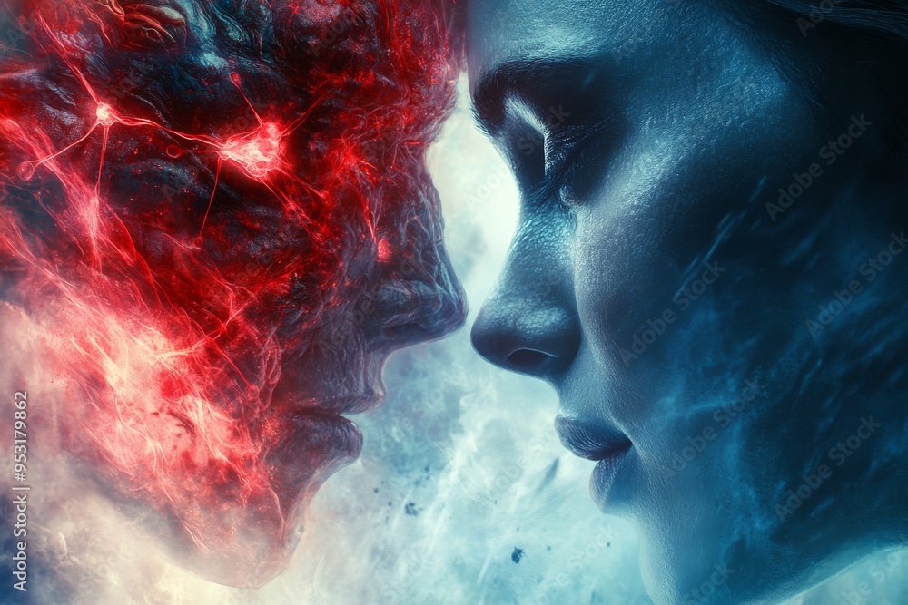 Aufkleber dramatic face off between two profiles with opposing fiery and icy elements symbolizing the clash of