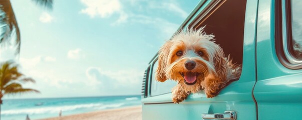 A charming puppy watches a tropical beach from the window of a vintage van.