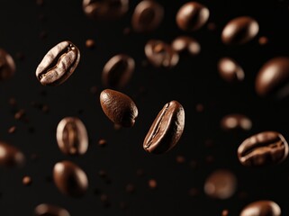 A flying coffee bean background. Brown coffee beans banner. Closeup coffee grains.