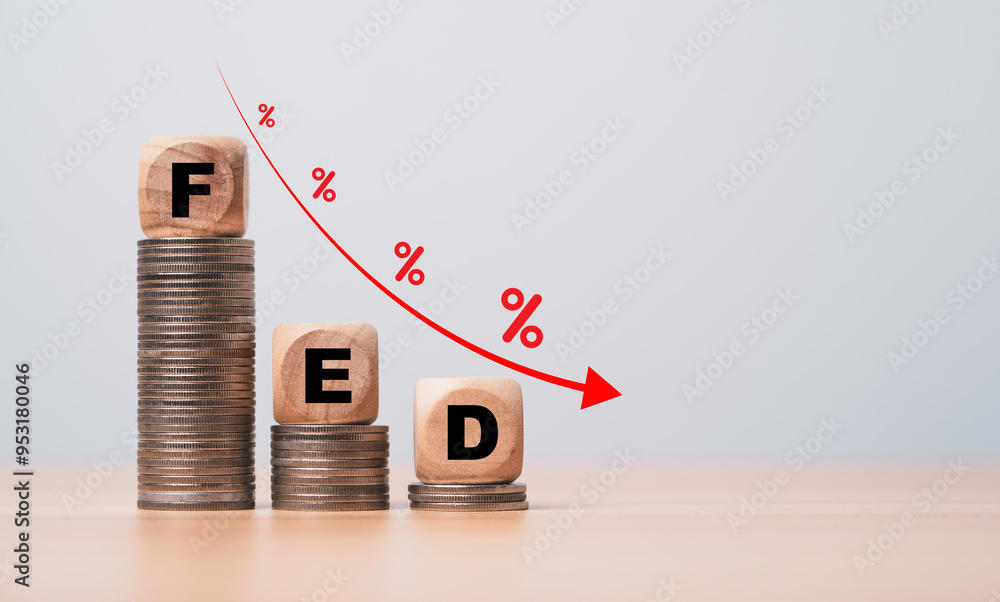 Poster fed wording on the top of coins stacking with coins decreasing down arrow and percentage for fed wil