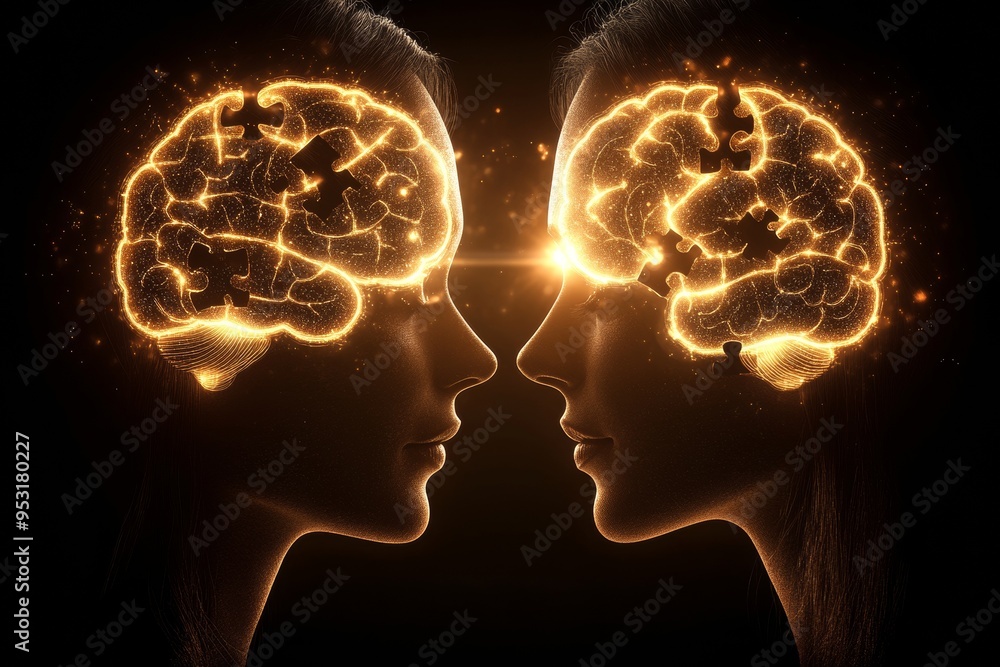 Poster glowing brain to brain connection between two profiles symbolizing the intellectual and emotional sy