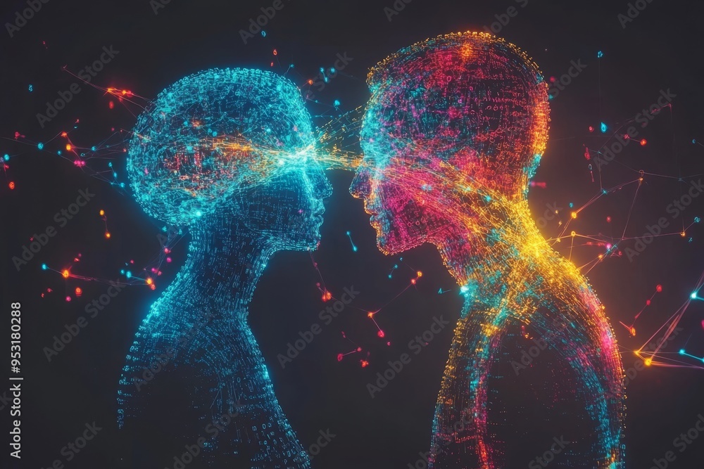 Poster conceptual digital artwork of two profiles with neural connections symbolizing the synthesis of thou