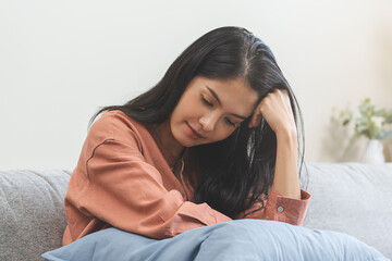 Naklejka premium Sad, unhappy. Alone asian young woman, girl expression face thinking about problem, difficulty, feeling failure and exhausted, suffering from loneliness, grief sorrow and bad relationship or break up.