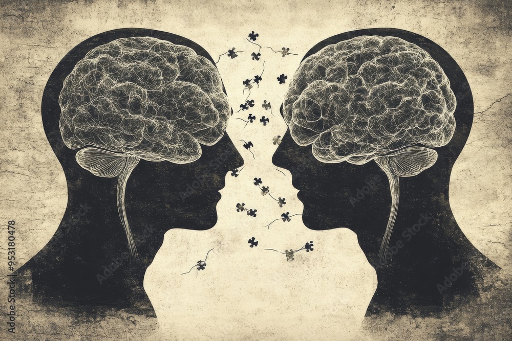 Poster vintage inspired illustration of two profiles with abstract neural patterns symbolizing the exchange