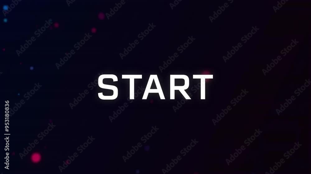 Aufkleber start text animation over dark background with scattered red and blue dots